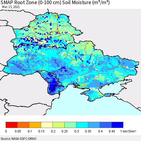 Ukraine, Moldova and Belarus SMAP Root Zone (0-100 cm) Soil Moisture (m³/m³) Thematic Map For 3/11/2021 - 3/15/2021