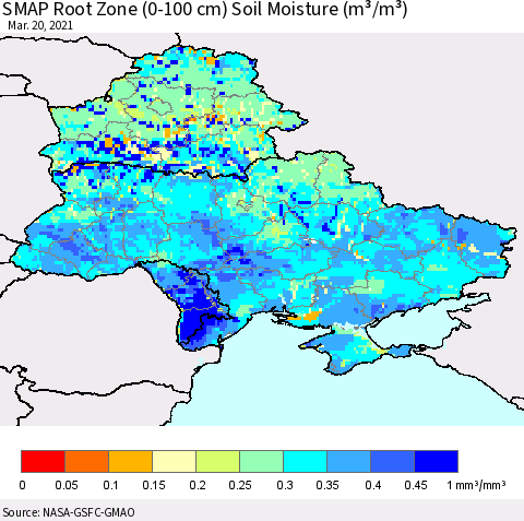 Ukraine, Moldova and Belarus SMAP Root Zone (0-100 cm) Soil Moisture (m³/m³) Thematic Map For 3/16/2021 - 3/20/2021