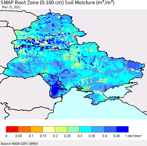 Ukraine, Moldova and Belarus SMAP Root Zone (0-100 cm) Soil Moisture (m³/m³) Thematic Map For 3/26/2021 - 3/31/2021
