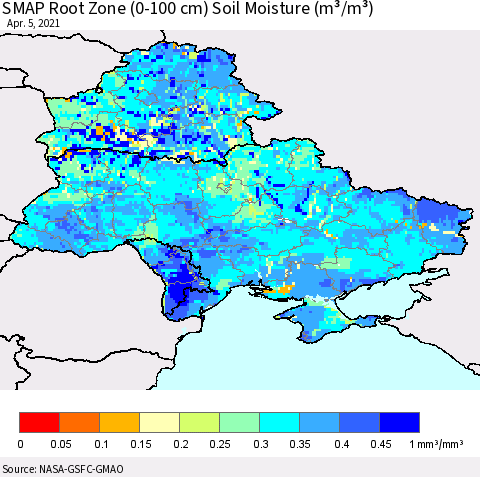 Ukraine, Moldova and Belarus SMAP Root Zone (0-100 cm) Soil Moisture (m³/m³) Thematic Map For 4/1/2021 - 4/5/2021