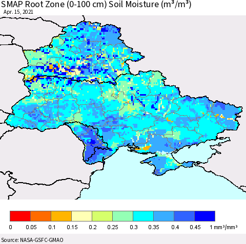 Ukraine, Moldova and Belarus SMAP Root Zone (0-100 cm) Soil Moisture (m³/m³) Thematic Map For 4/11/2021 - 4/15/2021