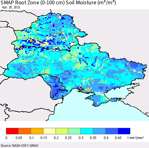 Ukraine, Moldova and Belarus SMAP Root Zone (0-100 cm) Soil Moisture (m³/m³) Thematic Map For 4/16/2021 - 4/20/2021