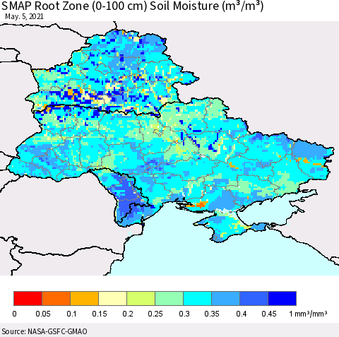 Ukraine, Moldova and Belarus SMAP Root Zone (0-100 cm) Soil Moisture (m³/m³) Thematic Map For 5/1/2021 - 5/5/2021