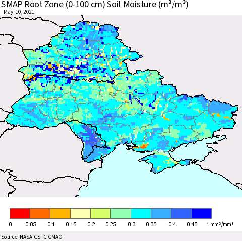 Ukraine, Moldova and Belarus SMAP Root Zone (0-100 cm) Soil Moisture (m³/m³) Thematic Map For 5/6/2021 - 5/10/2021