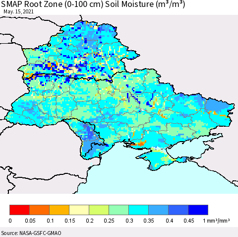 Ukraine, Moldova and Belarus SMAP Root Zone (0-100 cm) Soil Moisture (m³/m³) Thematic Map For 5/11/2021 - 5/15/2021