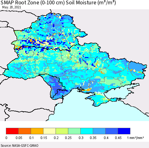 Ukraine, Moldova and Belarus SMAP Root Zone (0-100 cm) Soil Moisture (m³/m³) Thematic Map For 5/16/2021 - 5/20/2021