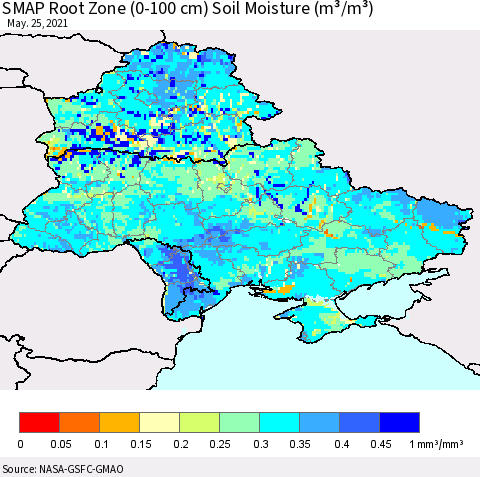 Ukraine, Moldova and Belarus SMAP Root Zone (0-100 cm) Soil Moisture (m³/m³) Thematic Map For 5/21/2021 - 5/25/2021