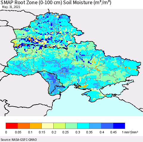 Ukraine, Moldova and Belarus SMAP Root Zone (0-100 cm) Soil Moisture (m³/m³) Thematic Map For 5/26/2021 - 5/31/2021