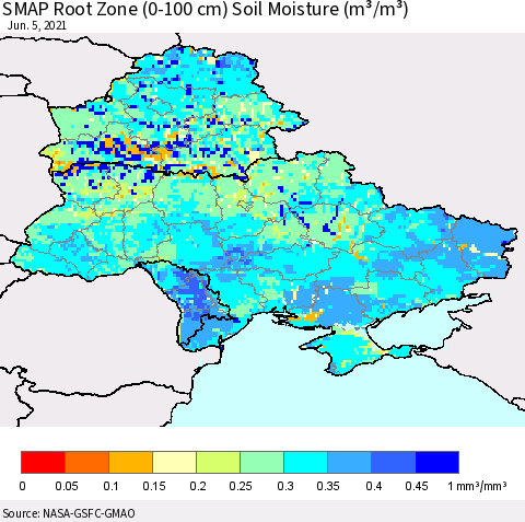 Ukraine, Moldova and Belarus SMAP Root Zone (0-100 cm) Soil Moisture (m³/m³) Thematic Map For 6/1/2021 - 6/5/2021
