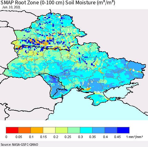 Ukraine, Moldova and Belarus SMAP Root Zone (0-100 cm) Soil Moisture (m³/m³) Thematic Map For 6/6/2021 - 6/10/2021