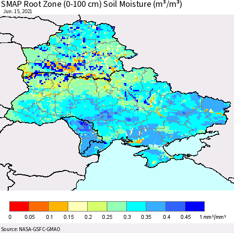 Ukraine, Moldova and Belarus SMAP Root Zone (0-100 cm) Soil Moisture (m³/m³) Thematic Map For 6/11/2021 - 6/15/2021