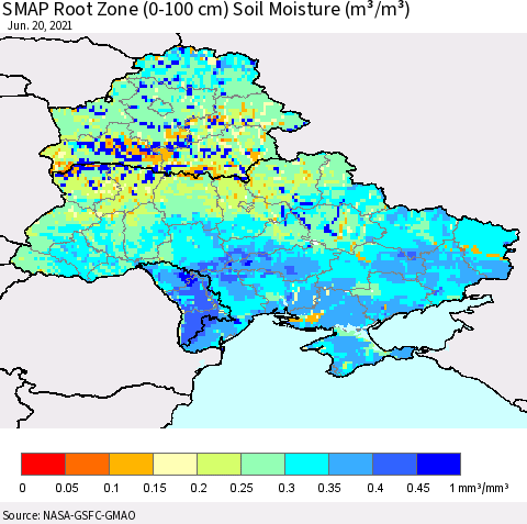 Ukraine, Moldova and Belarus SMAP Root Zone (0-100 cm) Soil Moisture (m³/m³) Thematic Map For 6/16/2021 - 6/20/2021