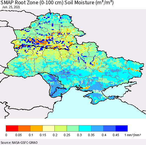 Ukraine, Moldova and Belarus SMAP Root Zone (0-100 cm) Soil Moisture (m³/m³) Thematic Map For 6/21/2021 - 6/25/2021
