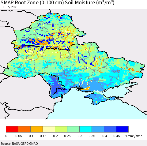 Ukraine, Moldova and Belarus SMAP Root Zone (0-100 cm) Soil Moisture (m³/m³) Thematic Map For 7/1/2021 - 7/5/2021