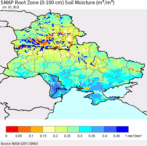 Ukraine, Moldova and Belarus SMAP Root Zone (0-100 cm) Soil Moisture (m³/m³) Thematic Map For 7/6/2021 - 7/10/2021