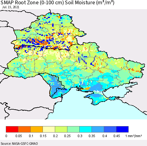 Ukraine, Moldova and Belarus SMAP Root Zone (0-100 cm) Soil Moisture (m³/m³) Thematic Map For 7/11/2021 - 7/15/2021