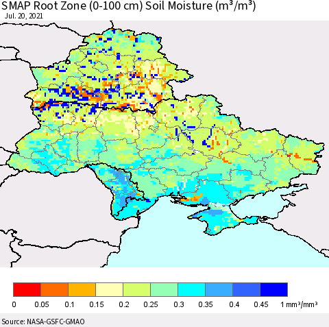 Ukraine, Moldova and Belarus SMAP Root Zone (0-100 cm) Soil Moisture (m³/m³) Thematic Map For 7/16/2021 - 7/20/2021