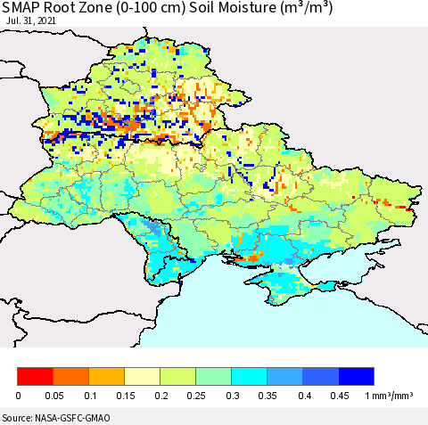 Ukraine, Moldova and Belarus SMAP Root Zone (0-100 cm) Soil Moisture (m³/m³) Thematic Map For 7/26/2021 - 7/31/2021