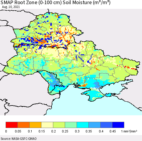 Ukraine, Moldova and Belarus SMAP Root Zone (0-100 cm) Soil Moisture (m³/m³) Thematic Map For 8/6/2021 - 8/10/2021