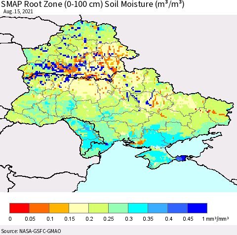 Ukraine, Moldova and Belarus SMAP Root Zone (0-100 cm) Soil Moisture (m³/m³) Thematic Map For 8/11/2021 - 8/15/2021