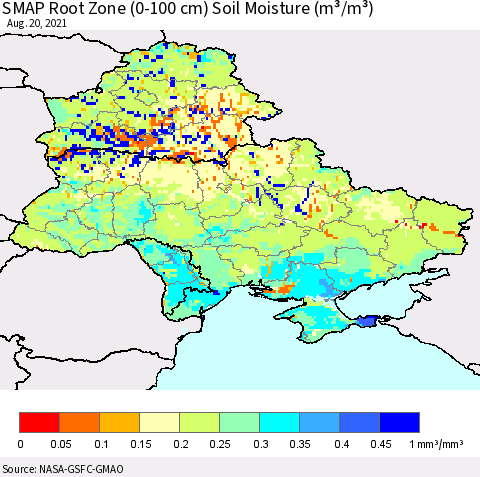 Ukraine, Moldova and Belarus SMAP Root Zone (0-100 cm) Soil Moisture (m³/m³) Thematic Map For 8/16/2021 - 8/20/2021