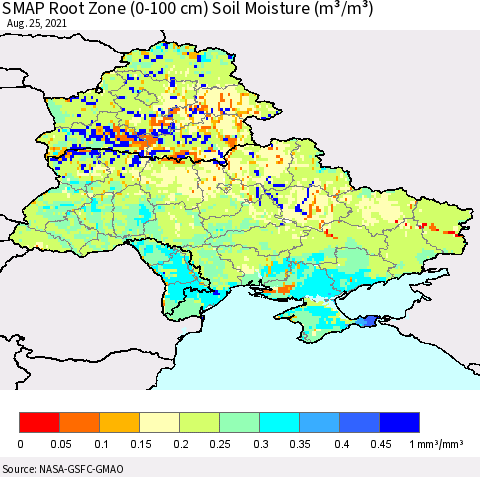 Ukraine, Moldova and Belarus SMAP Root Zone (0-100 cm) Soil Moisture (m³/m³) Thematic Map For 8/21/2021 - 8/25/2021