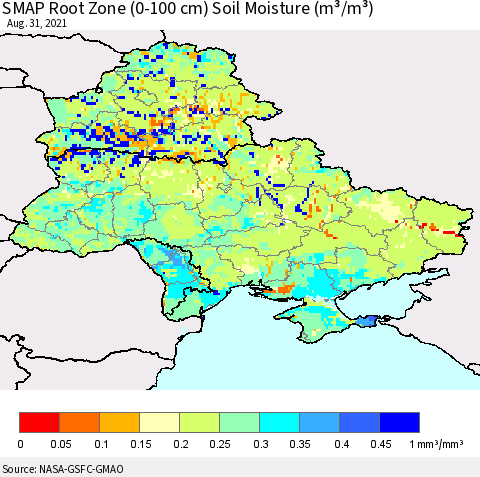 Ukraine, Moldova and Belarus SMAP Root Zone (0-100 cm) Soil Moisture (m³/m³) Thematic Map For 8/26/2021 - 8/31/2021