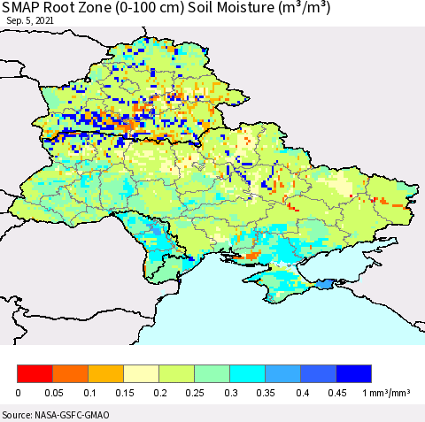 Ukraine, Moldova and Belarus SMAP Root Zone (0-100 cm) Soil Moisture (m³/m³) Thematic Map For 9/1/2021 - 9/5/2021
