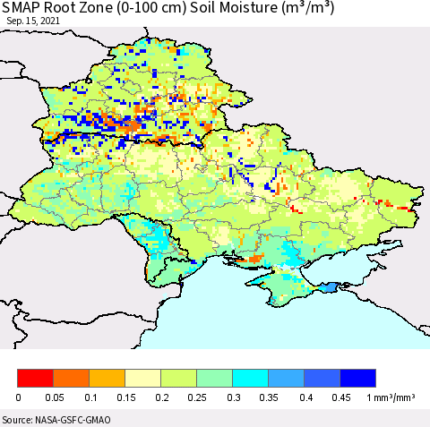 Ukraine, Moldova and Belarus SMAP Root Zone (0-100 cm) Soil Moisture (m³/m³) Thematic Map For 9/11/2021 - 9/15/2021