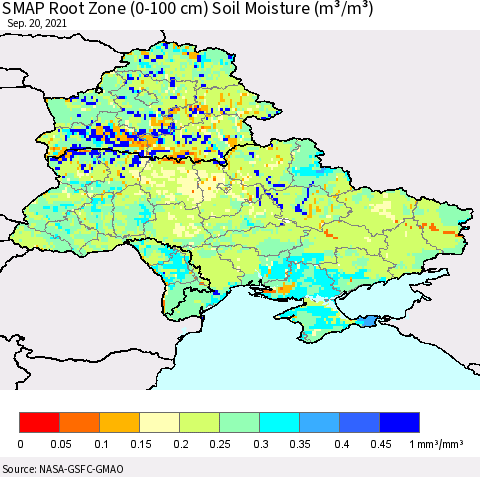 Ukraine, Moldova and Belarus SMAP Root Zone (0-100 cm) Soil Moisture (m³/m³) Thematic Map For 9/16/2021 - 9/20/2021