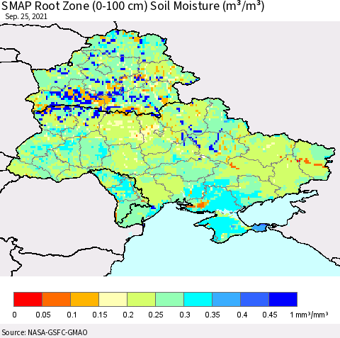 Ukraine, Moldova and Belarus SMAP Root Zone (0-100 cm) Soil Moisture (m³/m³) Thematic Map For 9/21/2021 - 9/25/2021