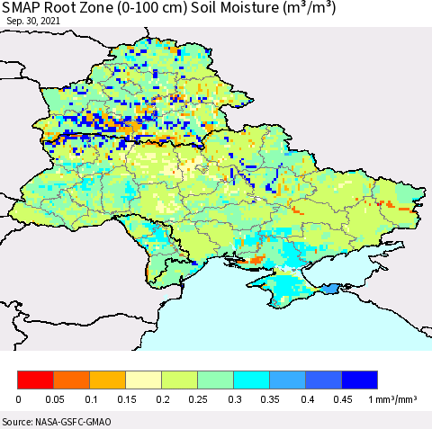 Ukraine, Moldova and Belarus SMAP Root Zone (0-100 cm) Soil Moisture (m³/m³) Thematic Map For 9/26/2021 - 9/30/2021