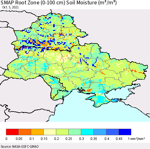 Ukraine, Moldova and Belarus SMAP Root Zone (0-100 cm) Soil Moisture (m³/m³) Thematic Map For 10/1/2021 - 10/5/2021