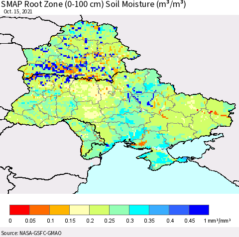 Ukraine, Moldova and Belarus SMAP Root Zone (0-100 cm) Soil Moisture (m³/m³) Thematic Map For 10/11/2021 - 10/15/2021