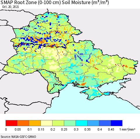 Ukraine, Moldova and Belarus SMAP Root Zone (0-100 cm) Soil Moisture (m³/m³) Thematic Map For 10/16/2021 - 10/20/2021