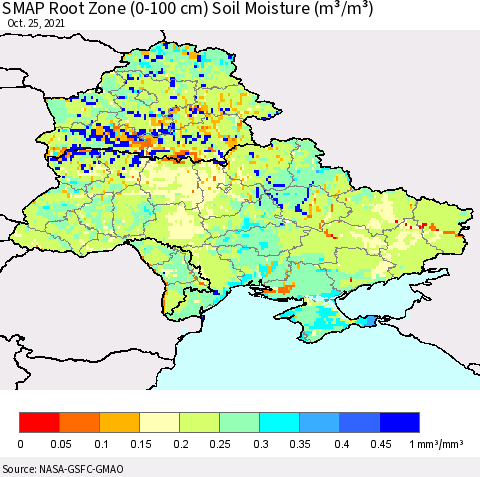Ukraine, Moldova and Belarus SMAP Root Zone (0-100 cm) Soil Moisture (m³/m³) Thematic Map For 10/21/2021 - 10/25/2021