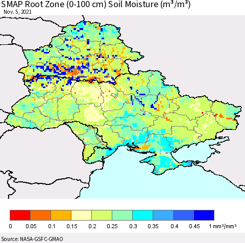 Ukraine, Moldova and Belarus SMAP Root Zone (0-100 cm) Soil Moisture (m³/m³) Thematic Map For 11/1/2021 - 11/5/2021