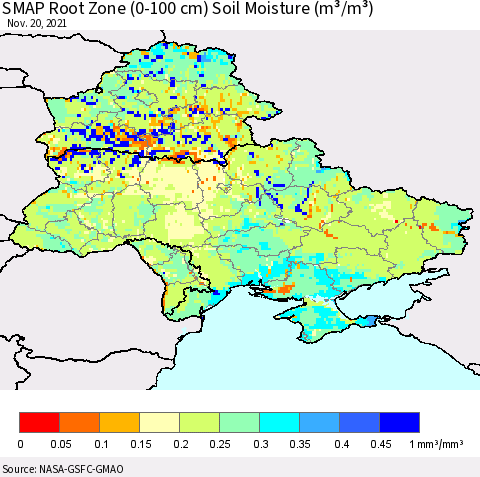 Ukraine, Moldova and Belarus SMAP Root Zone (0-100 cm) Soil Moisture (m³/m³) Thematic Map For 11/16/2021 - 11/20/2021