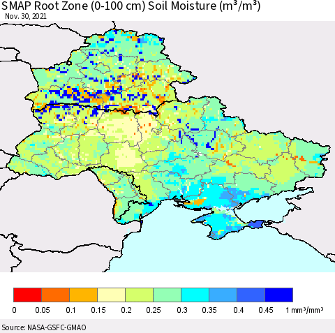 Ukraine, Moldova and Belarus SMAP Root Zone (0-100 cm) Soil Moisture (m³/m³) Thematic Map For 11/26/2021 - 11/30/2021