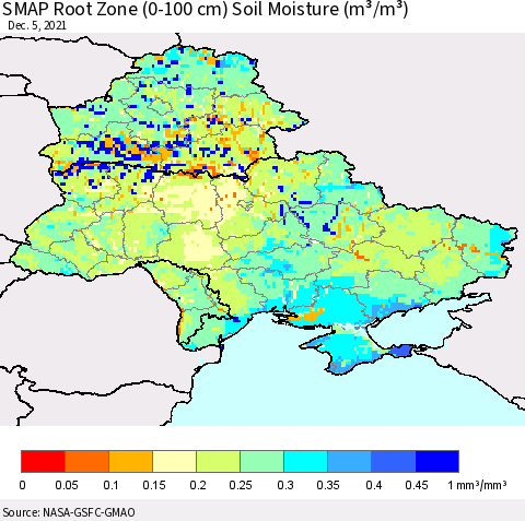 Ukraine, Moldova and Belarus SMAP Root Zone (0-100 cm) Soil Moisture (m³/m³) Thematic Map For 12/1/2021 - 12/5/2021