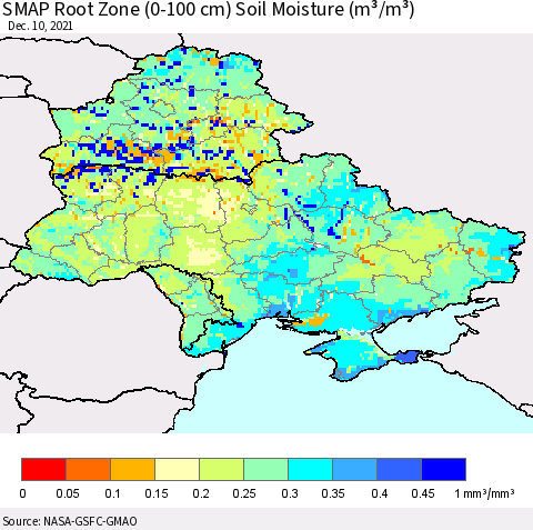Ukraine, Moldova and Belarus SMAP Root Zone (0-100 cm) Soil Moisture (m³/m³) Thematic Map For 12/6/2021 - 12/10/2021