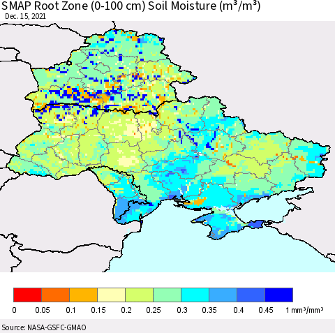Ukraine, Moldova and Belarus SMAP Root Zone (0-100 cm) Soil Moisture (m³/m³) Thematic Map For 12/11/2021 - 12/15/2021