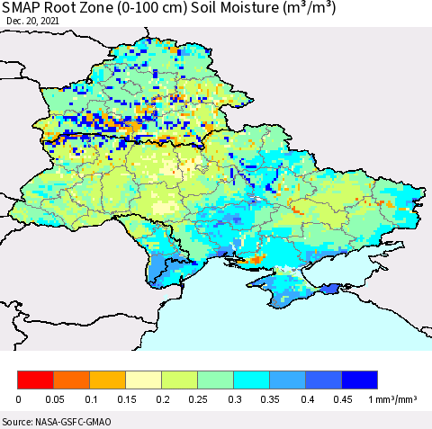Ukraine, Moldova and Belarus SMAP Root Zone (0-100 cm) Soil Moisture (m³/m³) Thematic Map For 12/16/2021 - 12/20/2021