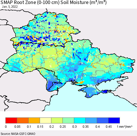 Ukraine, Moldova and Belarus SMAP Root Zone (0-100 cm) Soil Moisture (m³/m³) Thematic Map For 1/1/2022 - 1/5/2022