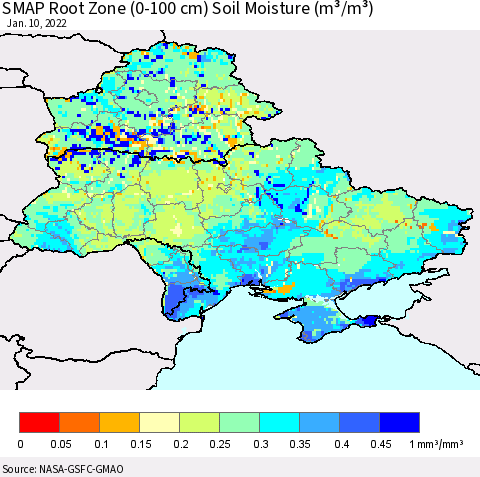 Ukraine, Moldova and Belarus SMAP Root Zone (0-100 cm) Soil Moisture (m³/m³) Thematic Map For 1/6/2022 - 1/10/2022