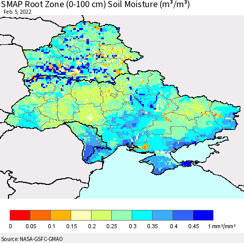 Ukraine, Moldova and Belarus SMAP Root Zone (0-100 cm) Soil Moisture (m³/m³) Thematic Map For 2/1/2022 - 2/5/2022
