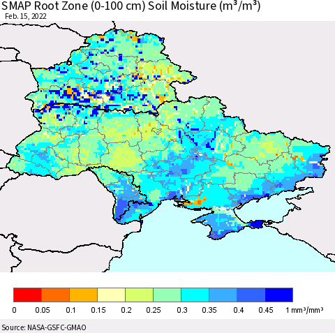 Ukraine, Moldova and Belarus SMAP Root Zone (0-100 cm) Soil Moisture (m³/m³) Thematic Map For 2/11/2022 - 2/15/2022