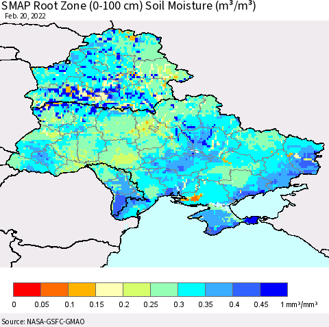 Ukraine, Moldova and Belarus SMAP Root Zone (0-100 cm) Soil Moisture (m³/m³) Thematic Map For 2/16/2022 - 2/20/2022
