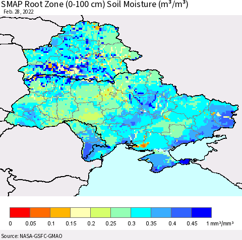 Ukraine, Moldova and Belarus SMAP Root Zone (0-100 cm) Soil Moisture (m³/m³) Thematic Map For 2/26/2022 - 2/28/2022