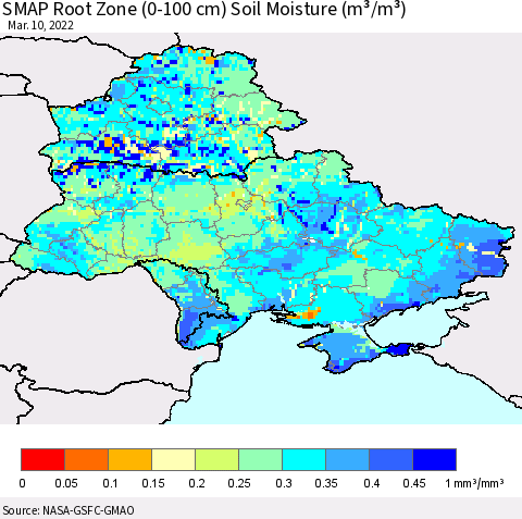 Ukraine, Moldova and Belarus SMAP Root Zone (0-100 cm) Soil Moisture (m³/m³) Thematic Map For 3/6/2022 - 3/10/2022